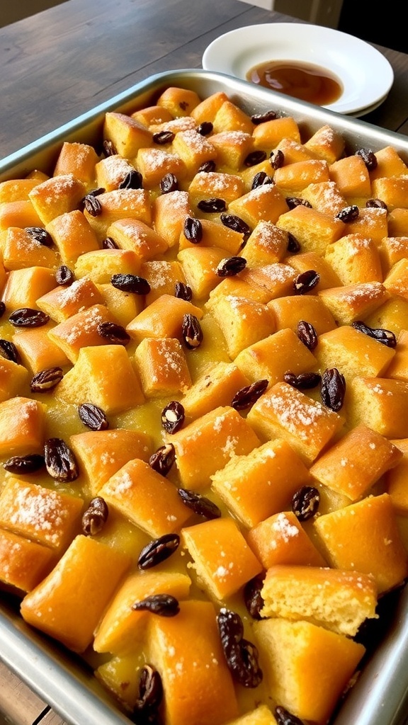 Classic Bread Pudding for 50 Servings A large tray of bread pudding with raisins and nuts, garnished with powdered sugar and caramel sauce on a rustic table.